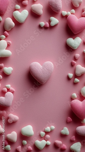Colorful Heart Candies Arranged on a Pink Background for a Festive Celebratio...