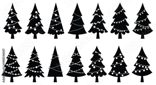 Set of Black and White Christmas Tree Silhouettes With Holiday Decorations


