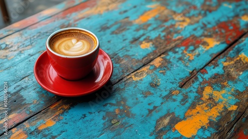 Beautiful Coffee Cup on Colorful Rustic Table in Trendy Cafe Setting With Uni...