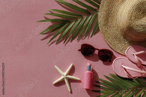 Summer Beach Essentials Arranged on Pink Surface With Tropical Elements