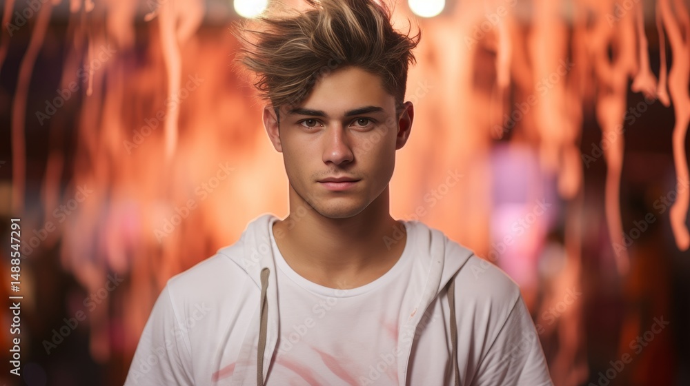 Fototapeta premium Stylish young asian man showcasing glowing fashion in a modern artistic studio setting
