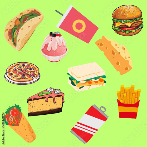An attractive variety of popular foods arranged in a brilliant green setting. There are such items as tacos, slusha, hamburgers, pizzas, sandwiches, cheese, cakes, soda, and fries. This colorful illus