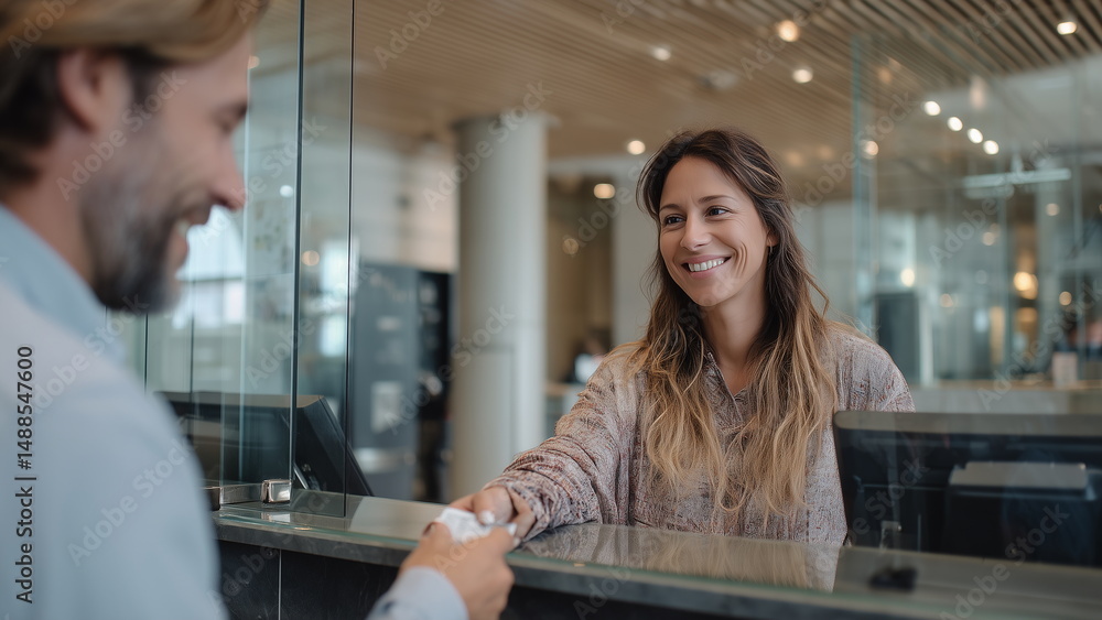 Customer withdrawing cash at a bank counter, handing ID to a smiling bank teller behind a glass screen, clean modern interior, business casual clothing. Customer withdrawing cash at a bank counter, handing ID to a smiling bank teller behind a glass screen, clean modern interior, business casual clothing.