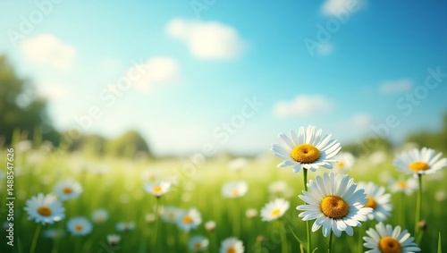 Bright Daisies Blooming in a Sunlit Field with Blue Sky View | Blooming Daisies in Sunny Meadow with Blue Sky and Clouds