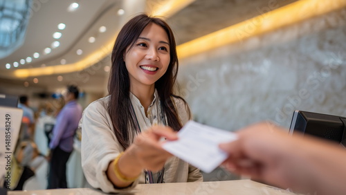 Asian woman at a bank counter withdrawing funds, handing a transaction slip to a teller, modern bank lobby background.