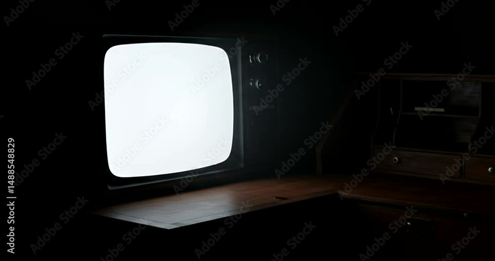 Retro Television Displaying White Screen in Dark Room - Old Technology Retro Television Displaying White Screen in Dark Room - Old Technology