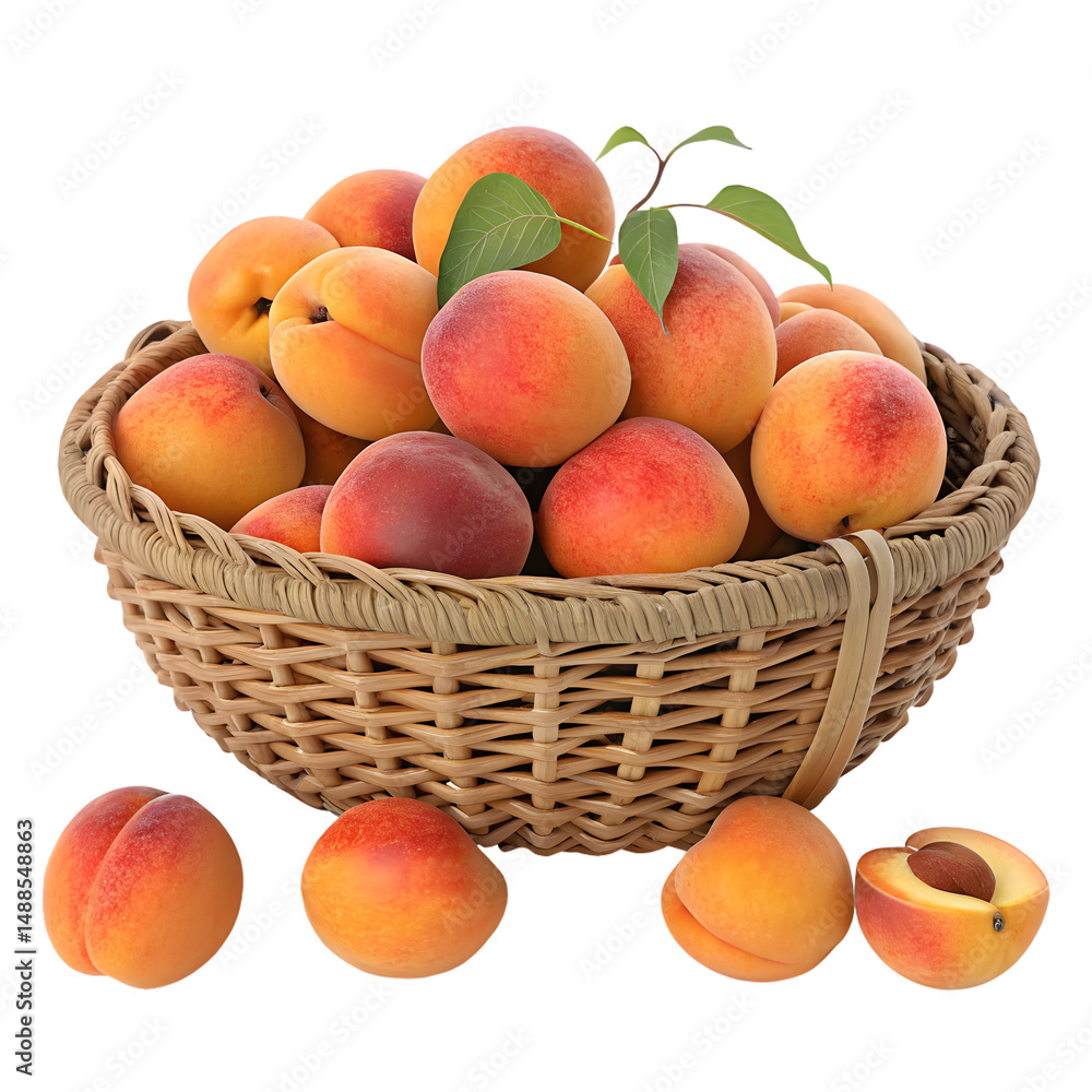 Realistic 3D Render of Apricot Fruits in Wicker Basket with Leaf on White Background |Fresh Organic Apricots Whole and Halved High Quality Isolated Illustration Realistic 3D Render of Apricot Fruits in Wicker Basket with Leaf on White Background |Fresh Organic Apricots Whole and Halved High Quality Isolated Illustration
