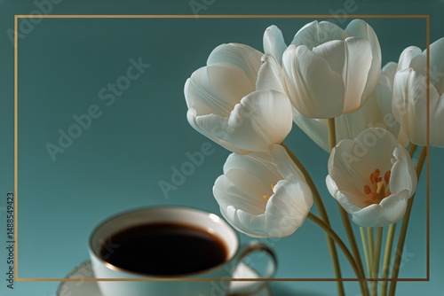 Coffee Cup Beside White Tulips on a Blue Background During Morning Light