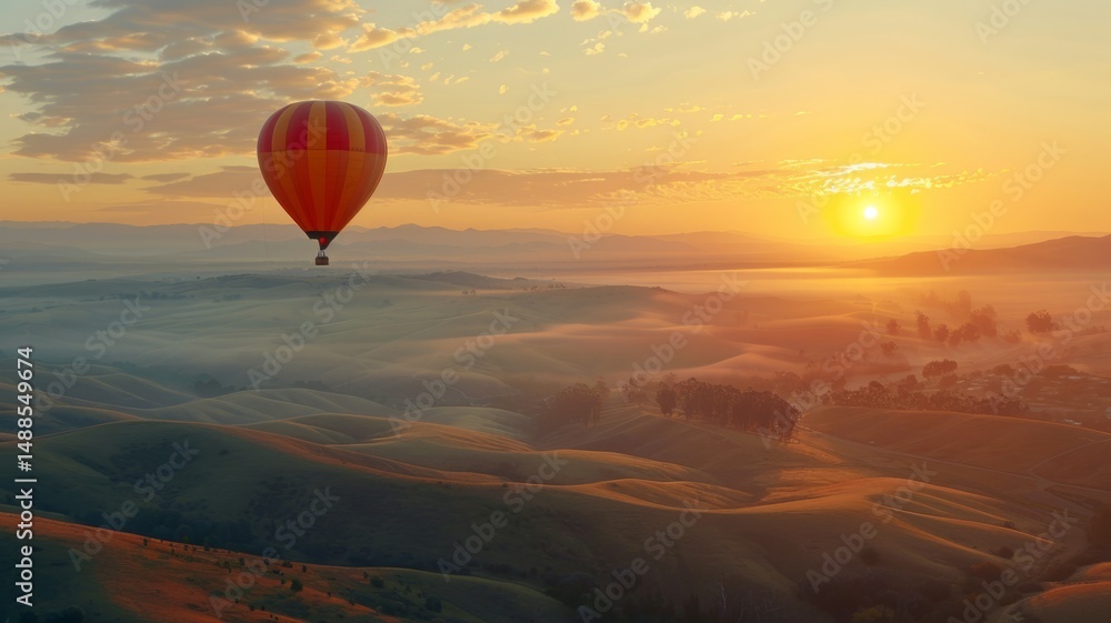 Sunrise Hot Air Balloon Ascent Over Rolling Hills - A vibrant sunrise paints the sky as a hot air balloon gracefully ascends over picturesque rolling hills, symbolizing adventure, freedom Sunrise Hot Air Balloon Ascent Over Rolling Hills - A vibrant sunrise paints the sky as a hot air balloon gracefully ascends over picturesque rolling hills, symbolizing adventure, freedom