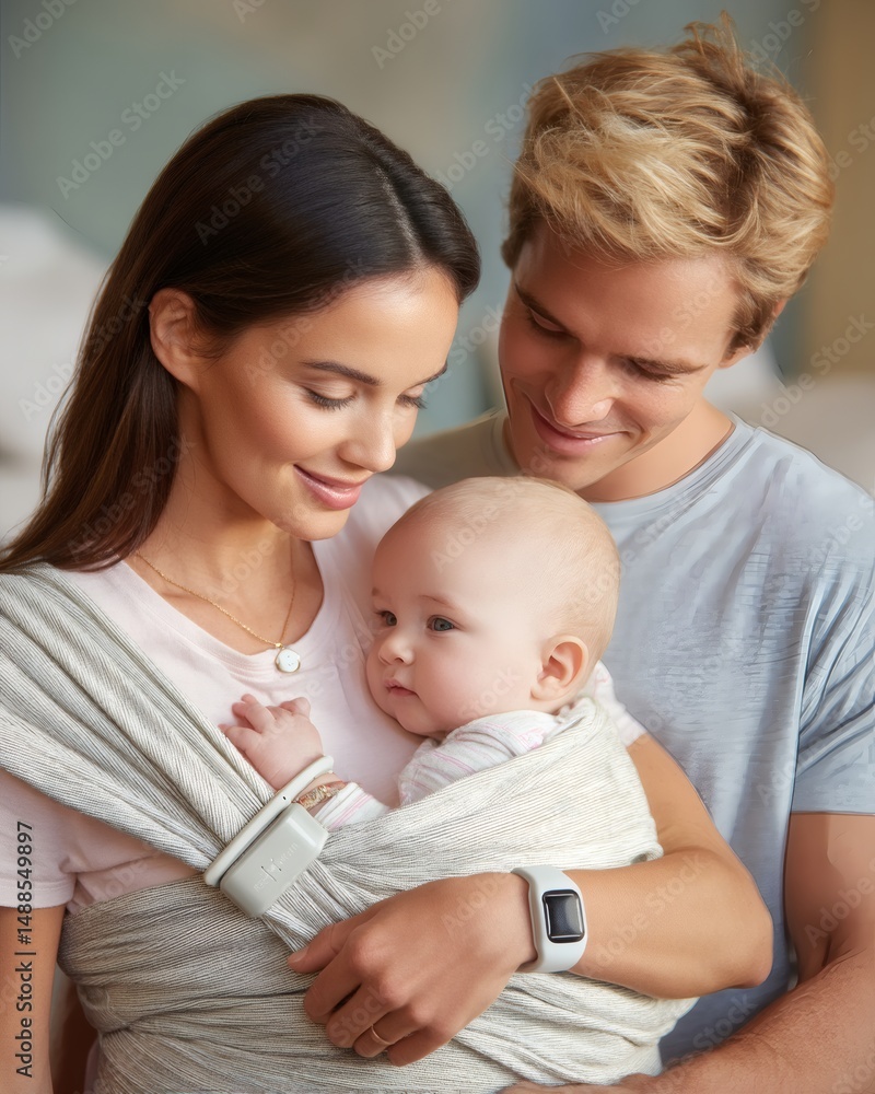 A tender moment captured as a happy couple lovingly embraces their baby. They exude warmth and affection while the baby is safely cradled in a sling, embodying the essence of family and parenthood A tender moment captured as a happy couple lovingly embraces their baby. They exude warmth and affection while the baby is safely cradled in a sling, embodying the essence of family and parenthood