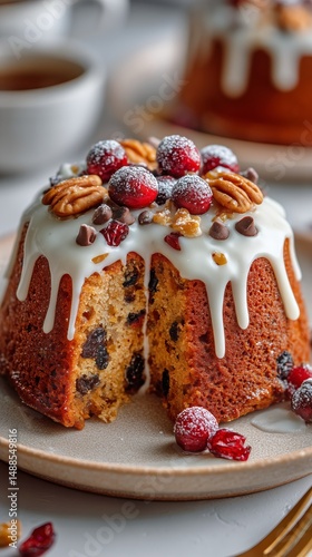 Delicious Fruit and Nut Cake With Creamy Glaze on Plate Garnished With Dried ...