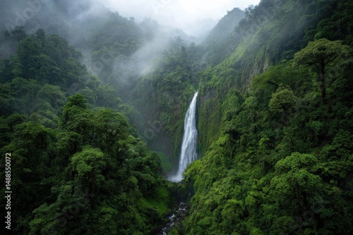 Majestic waterfall cascading down a lush green mountainside, shrouded in mist. A breathtaking display of nature's power and beauty.