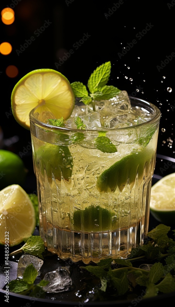 Fototapeta premium Glass of refreshing mojito filled with lime slices, ice cubes and sparkling bubbles isolated on green studio. Concept of cocktails, party, celebration, joy, freshness, summer, alcohol, vacation.