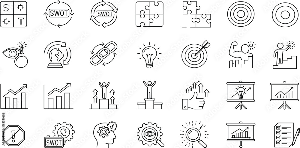 SWOT Analysis Editable Icons set. Vector illustration in modern thin line style of business related icons: strengths, weakness, opportunities, and threads. SWOT Analysis Editable Icons set. Vector illustration in modern thin line style of business related icons: strengths, weakness, opportunities, and threads.