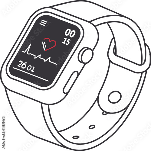 "Flat style icon of a smart watch showing time and heart rate tracker"

