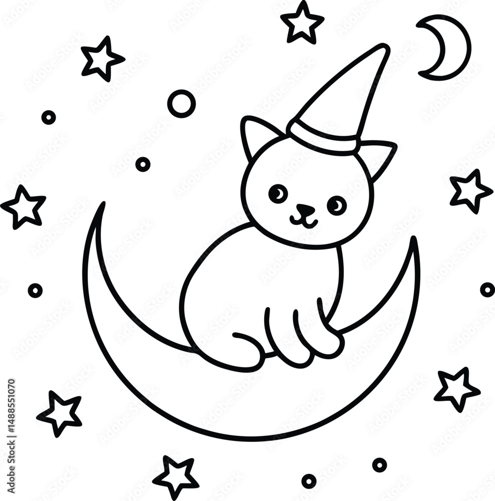 Naklejka premium Halloween Cat on Crescent Moon with Stars Coloring Page Illustration