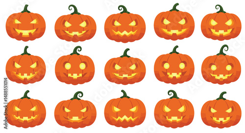 Festive collection of illustrated jack-o'-lantern pumpkins with assorted glowing faces ideal for Halloween decorations or designs.

