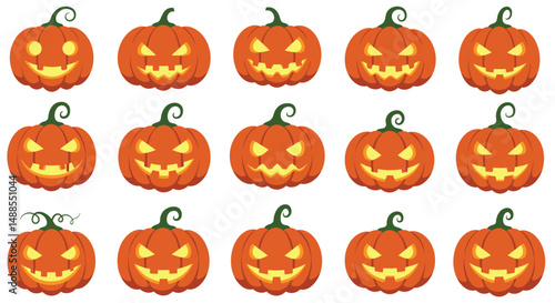 Festive collection of illustrated jack-o'-lantern pumpkins with assorted glowing faces ideal for Halloween decorations or designs.

