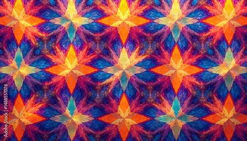 Geometric shapes repeat in vibrant colors forming a seamless textile , fabric, minimal, illustration