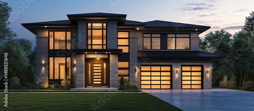 Modern Two-Story House with Glass Garage Doors