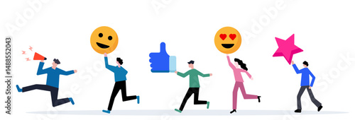 People running with emojis, like, star and megaphone icons, social media engagement illustration