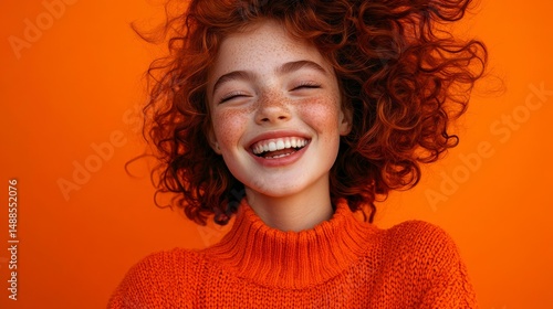 Happy redhead woman laughing with curly hair against orange background.
