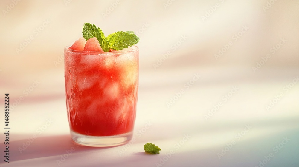 A tall glass of watermelon juice with ice cubes and fresh mint leaves, illuminated by warm sunlight, casting a shadow on a light-colored surface A tall glass of watermelon juice with ice cubes and fresh mint leaves, illuminated by warm sunlight, casting a shadow on a light-colored surface