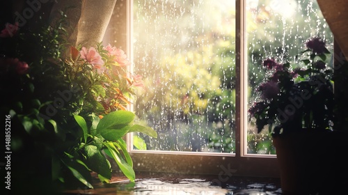 A serene indoor scene with a window covered in raindrops, showcasing vibrant flowers and lush green plants
