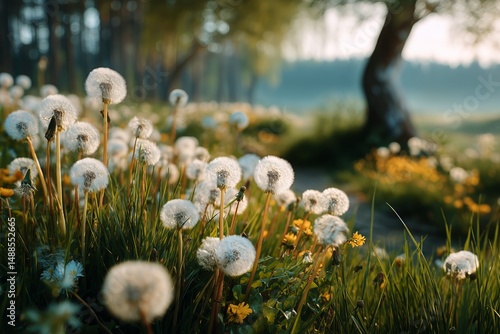 Dandelions Bloom in a Serene Meadow During Early Morning Light in a Tranquil ...