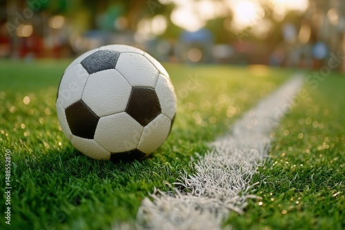 Soccer Ball on Green Turf Near White Line During Late Afternoon Practice Session
