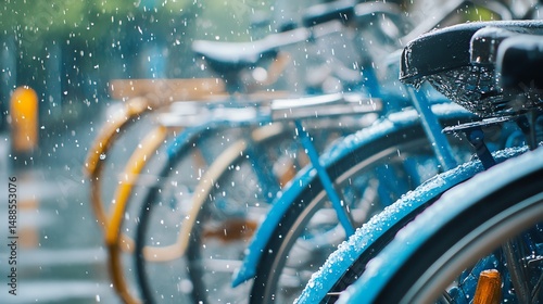 A close-up view of colorful bicycles parked in the rain, with droplets glistening on the frames, showcasing the beauty of urban transport amidst changing weather conditions.