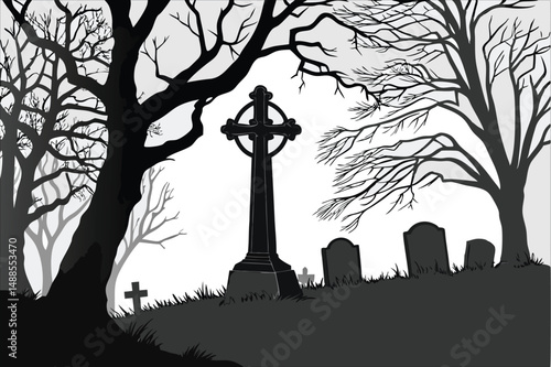 "Haunted Graveyard at Moonlight – Gothic Foggy Cemetery Scene"