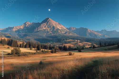 Scenic Mountain Landscape at Dawn With Snow-Capped Peaks and Soft Light Illum...