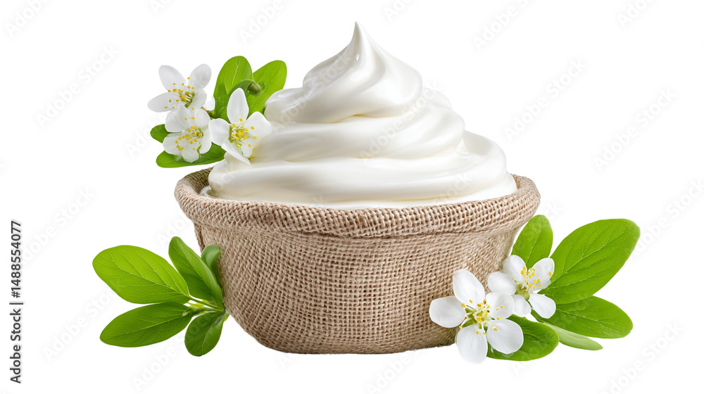 Cream in burlap bowl with white flowers and green leaves