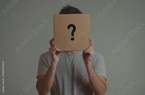 Man hides face behind question mark box