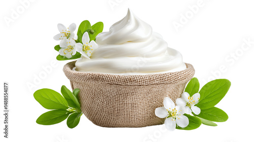 Obraz na płótnie Cream in burlap bowl with white flowers and green leaves w salonie