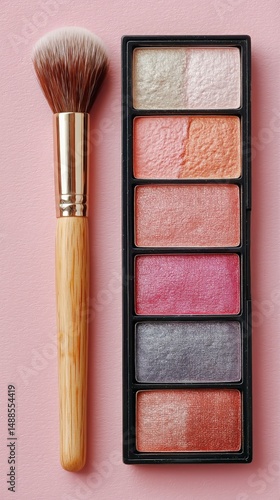 Colorful Eyeshadow Palette With a Brush on a Pink Textured Surface