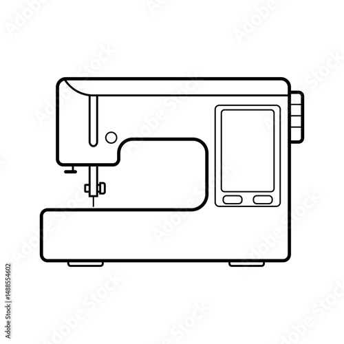 Modern Embroidery Sewing Machine Outline Vector Illustration. Black and white vector illustration of a modern embroidery sewing machine in a minimalist line art style.