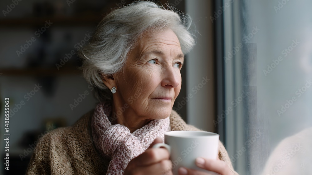 Senior Woman Enjoying Coffee by the Window Senior Woman Enjoying Coffee by the Window