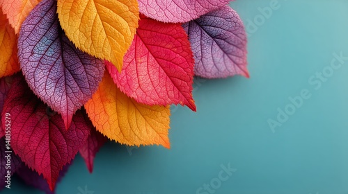 Colorful Leaves Arranged in Vibrant Patterns Against a Purple Background Show...