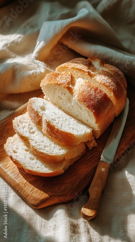 Freshly Sliced Bread Resting on a Wooden Board With a Butter Knife in Natural...
