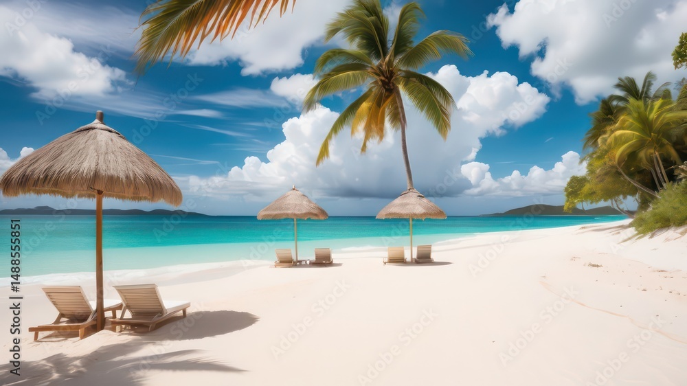 Idyllic Beach Scene Tranquil Turquoise Waters, Soft White Sand, and Lush Palm Trees with Comfortable Lounge Chairs Under Thatched Umbrellas Idyllic Beach Scene Tranquil Turquoise Waters, Soft White Sand, and Lush Palm Trees with Comfortable Lounge Chairs Under Thatched Umbrellas