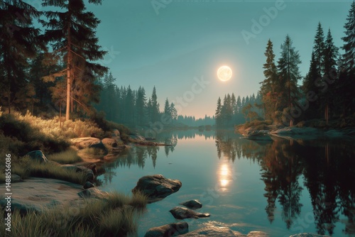 Moonlight Casting Reflections on a Tranquil Forest Lake in the Evening