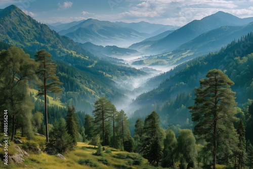 Majestic Mountains and Misty Valleys Create a Serene Landscape at Dawn in a L...