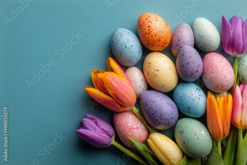Colorful Easter Eggs Arranged With Vibrant Tulips on a Blue Background During...