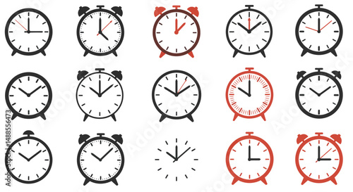 A set of retro-style alarm clocks featuring black and yellow designs. Each clock differs in details such as time displayed and dial markings, presenting a consistent yet varied aesthetic appeal.

