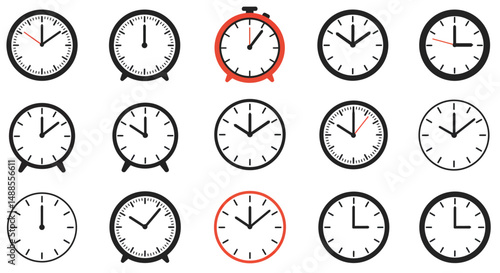 A set of retro-style alarm clocks featuring black and yellow designs. Each clock differs in details such as time displayed and dial markings, presenting a consistent yet varied aesthetic appeal.

