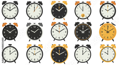 A set of retro-style alarm clocks featuring black and yellow designs. Each clock differs in details such as time displayed and dial markings, presenting a consistent yet varied aesthetic appeal.

