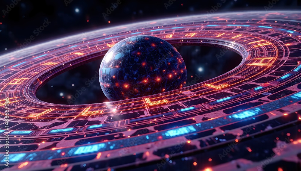 Close up of a planet's rings made of glowing geometric shards Close up of a planet's rings made of glowing geometric shards