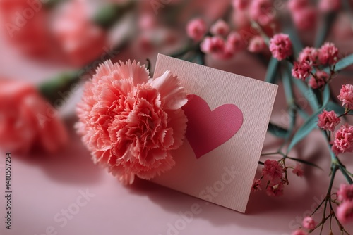 White Heart Shape Lies Next to Pink Flowers on a Pastel Background in Soft Light
